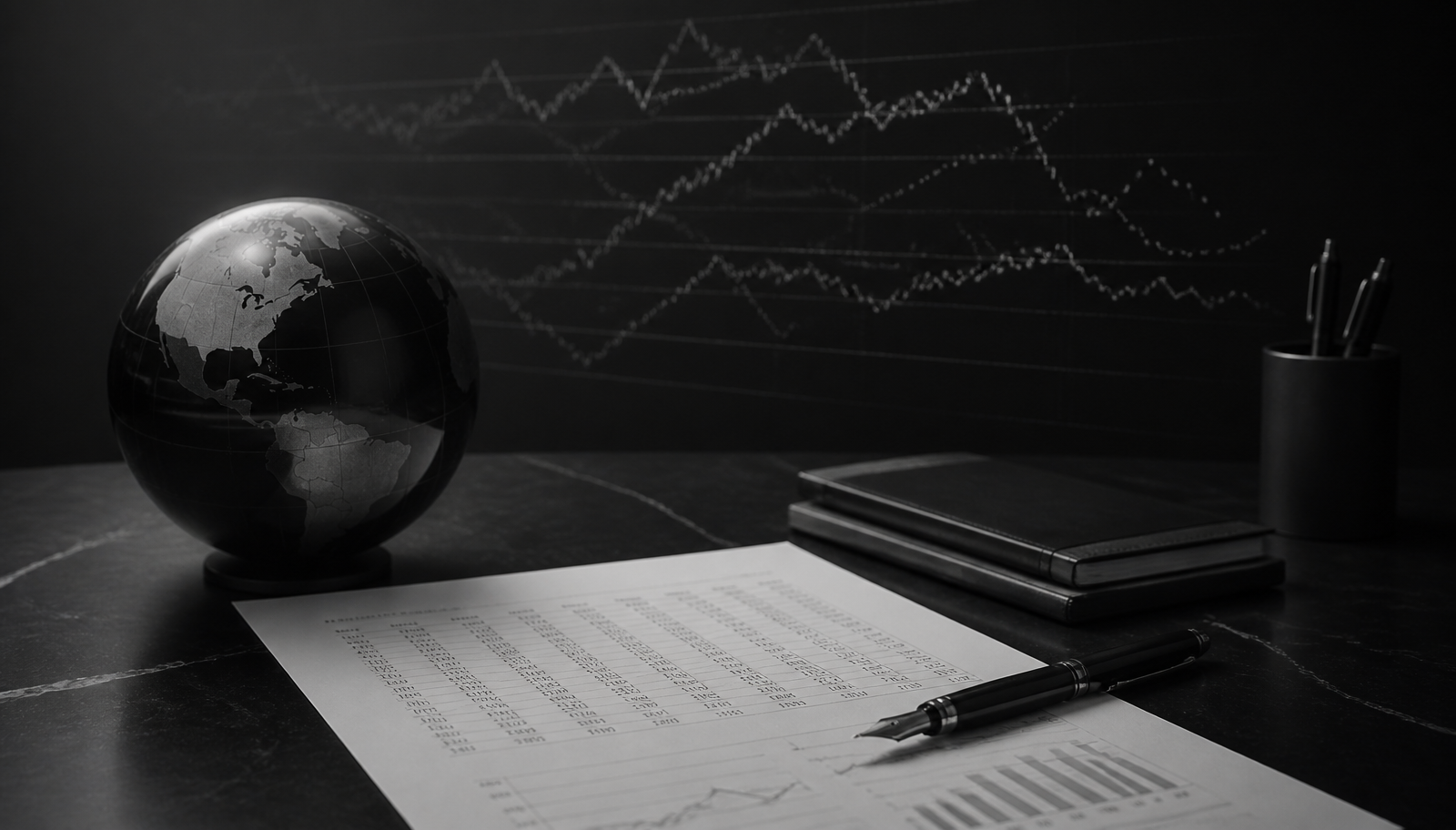 Executive desk with an exchange-rate sheet, fountain pen and projected currency curves