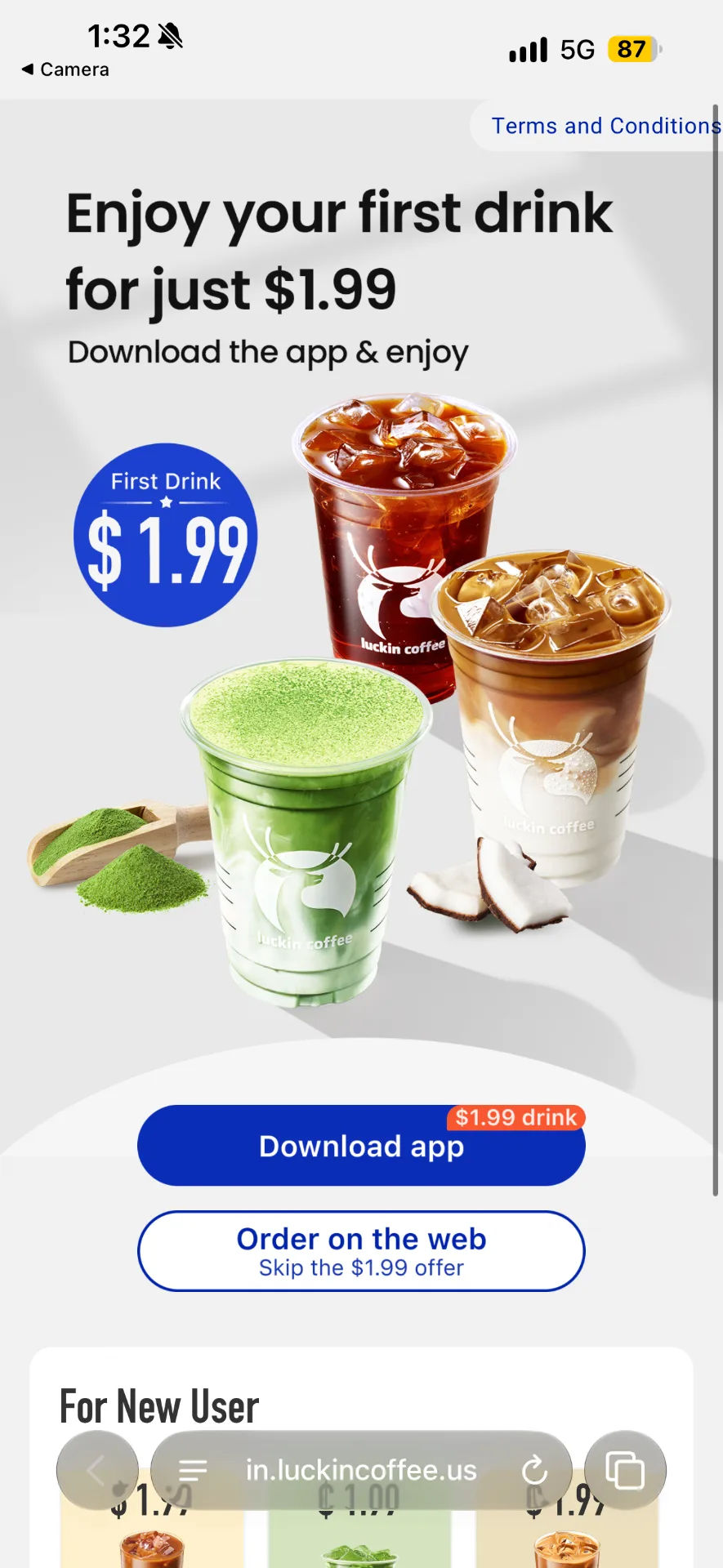 Luckin Coffee mobile page advertising a $1.99 first drink through the app, with a separate web-order option.