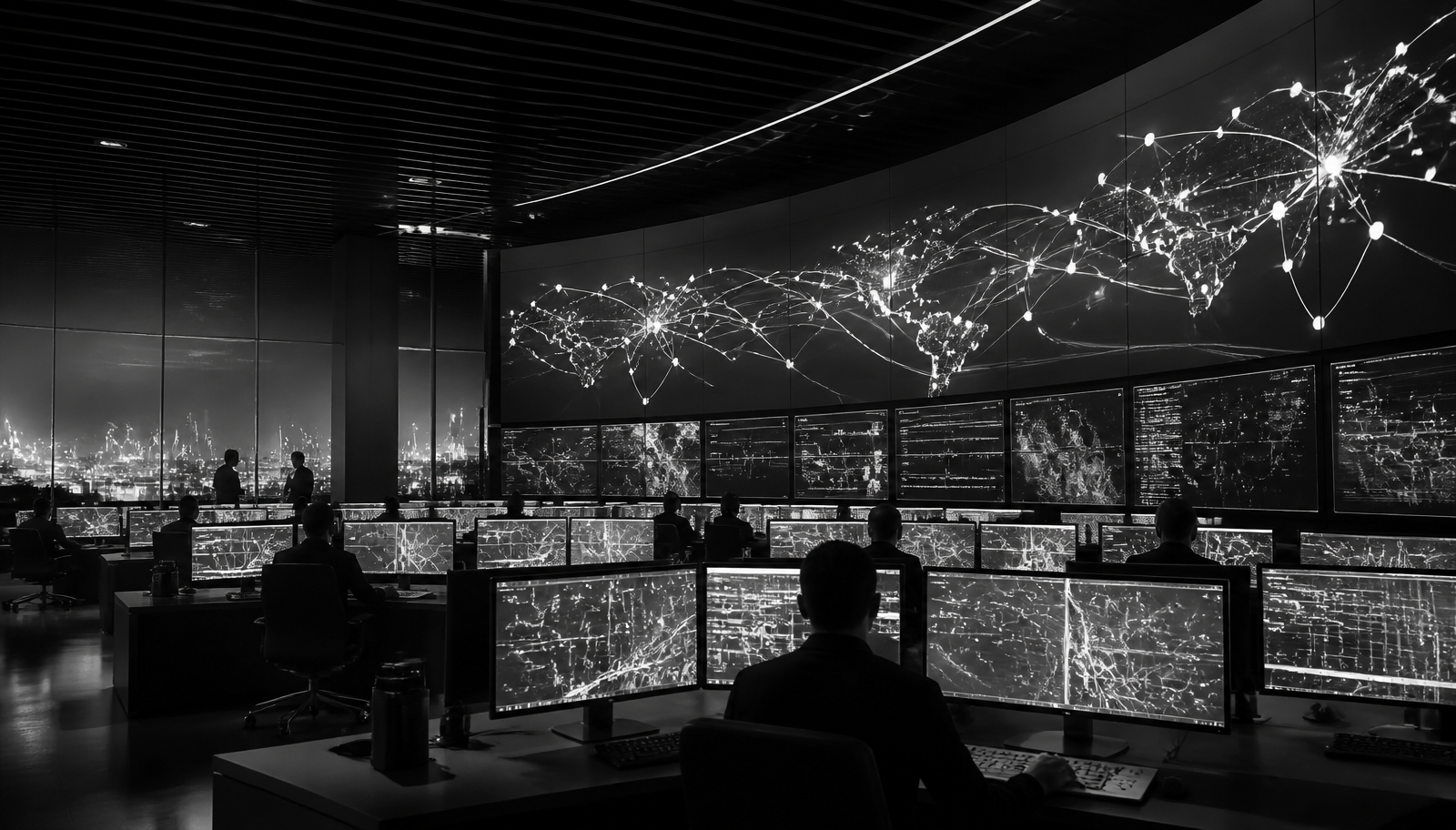 Operations control room at night with a wall of screens showing global logistics networks