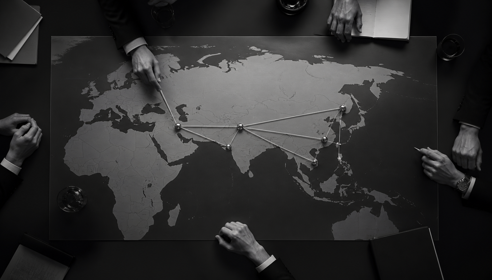 Overhead view of a strategy table with a world map and connected sourcing routes across Asia and the Mediterranean