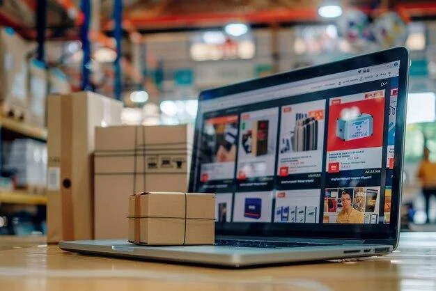 Online storefront open on a laptop next to packed orders in a fulfilment warehouse