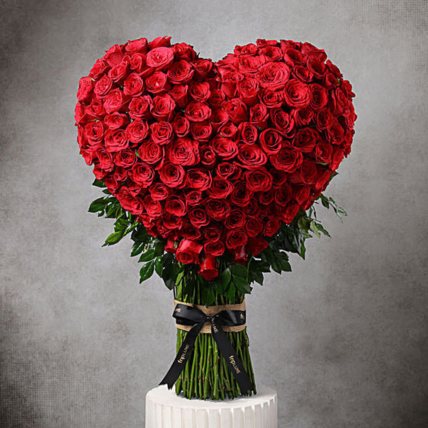 A heart-shaped arrangement of red roses for Valentine's Day
