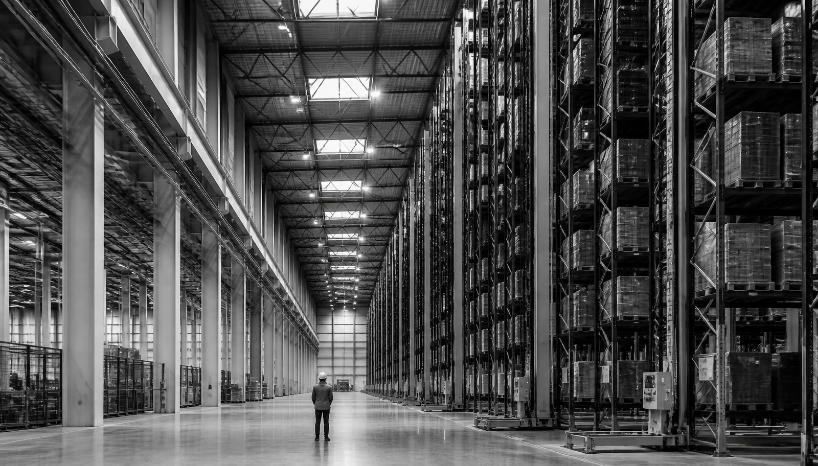 Interior of a large modern distribution warehouse with tall racking