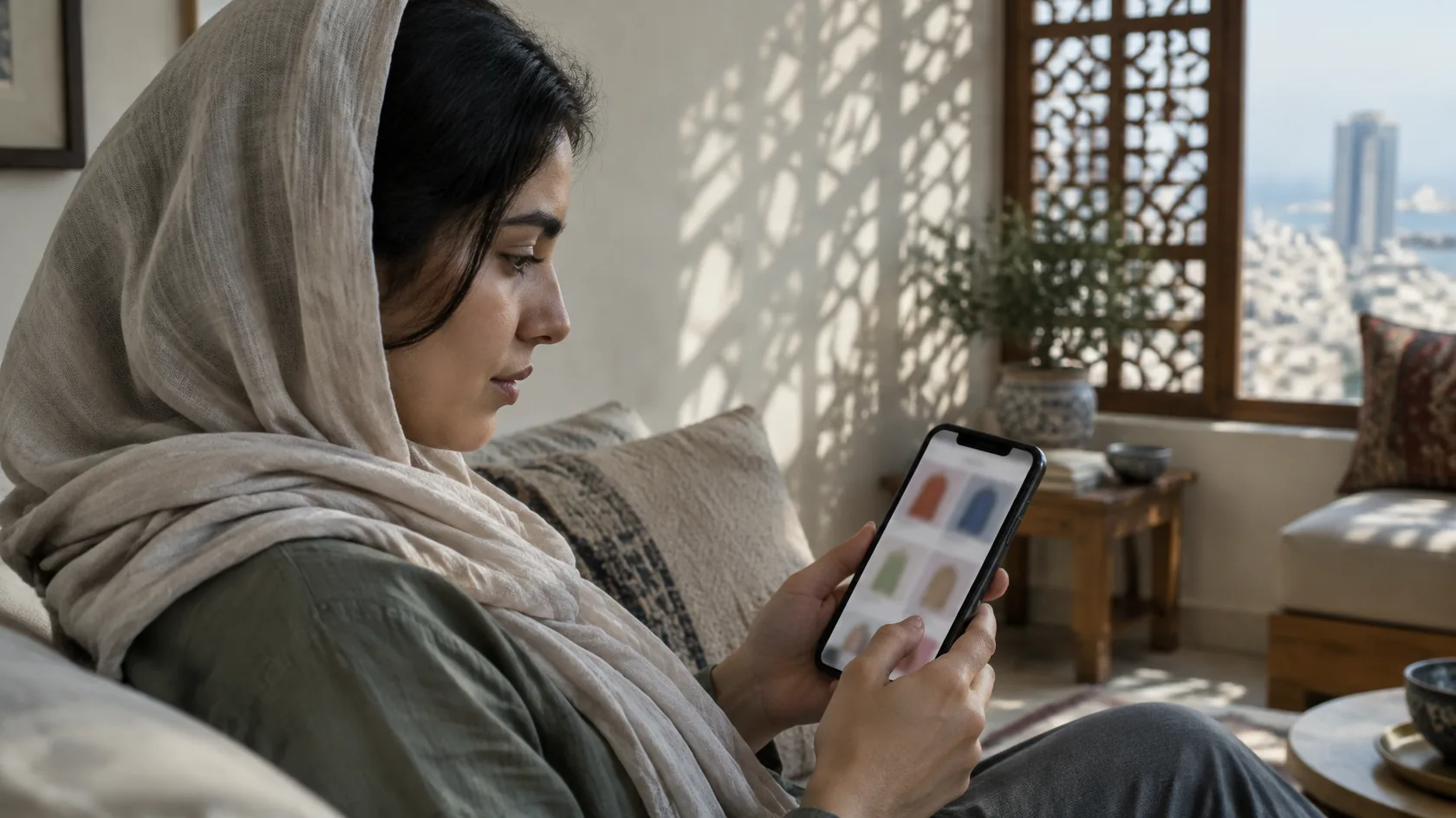 A woman shopping on her phone in a sunlit living room, the screen showing a grid of clothing products, with carved mashrabiya screens casting geometric shadows across the wall behind her.