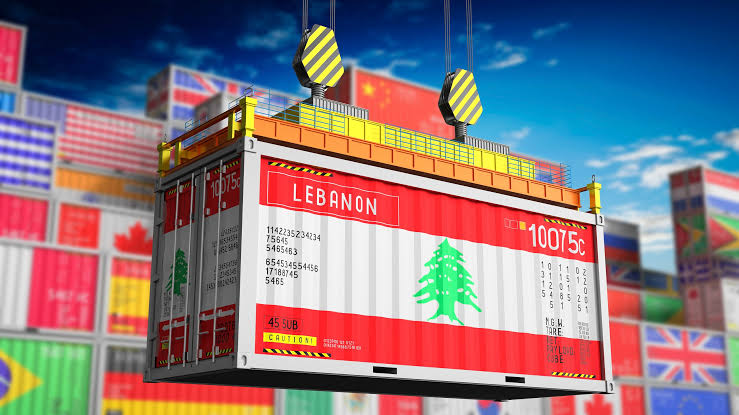 A shipping container painted in the Lebanese flag being lifted by crane among containers of other countries, representing the import costs behind running e-commerce in Lebanon.