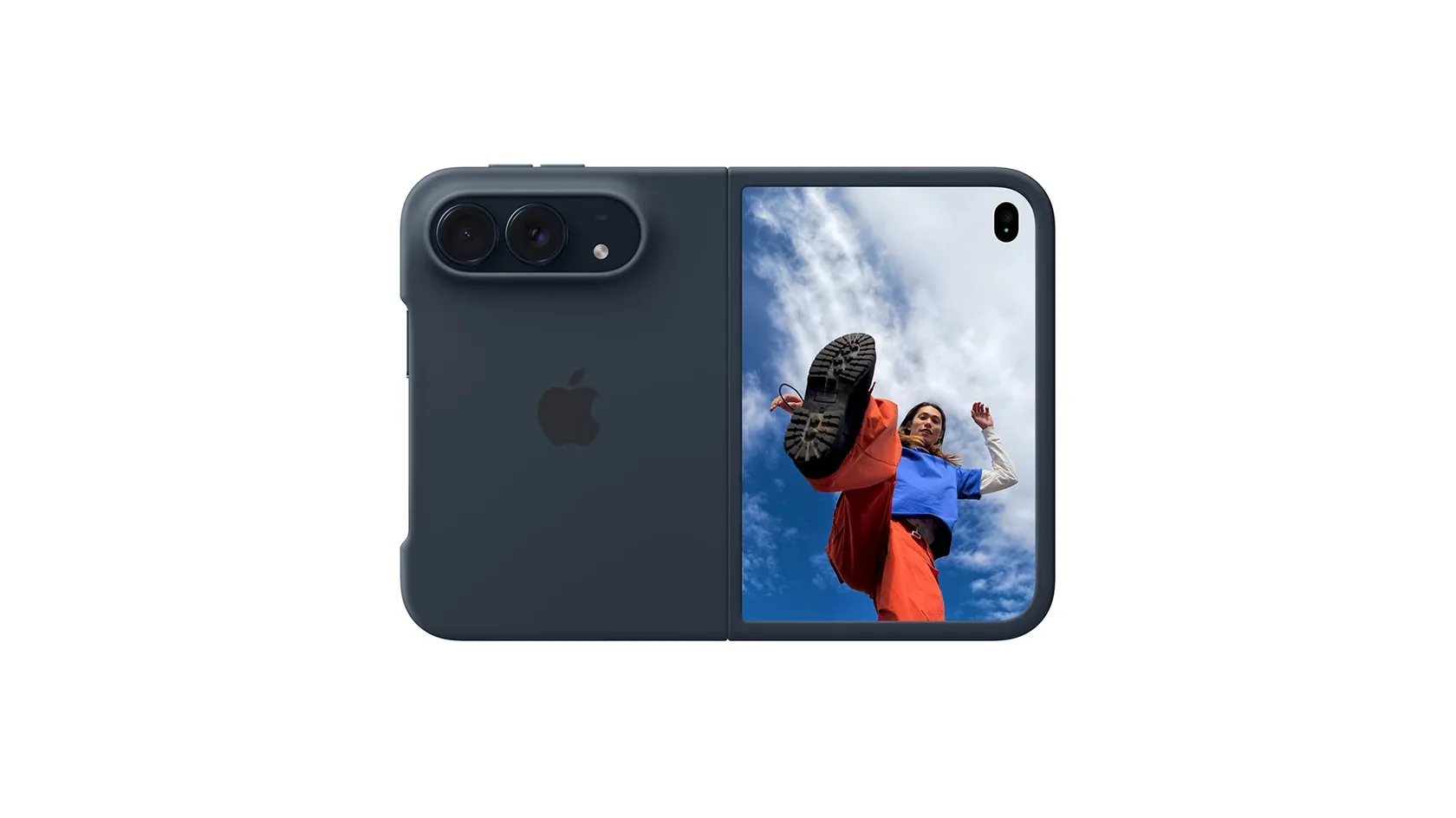 An iPhone in a plain dark blue protective case, shown from the back and front against a white background.