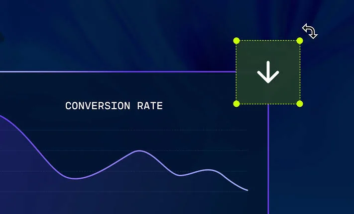 A dark analytics screen showing a conversion rate line falling away across the chart, with a downward arrow marking the decline.