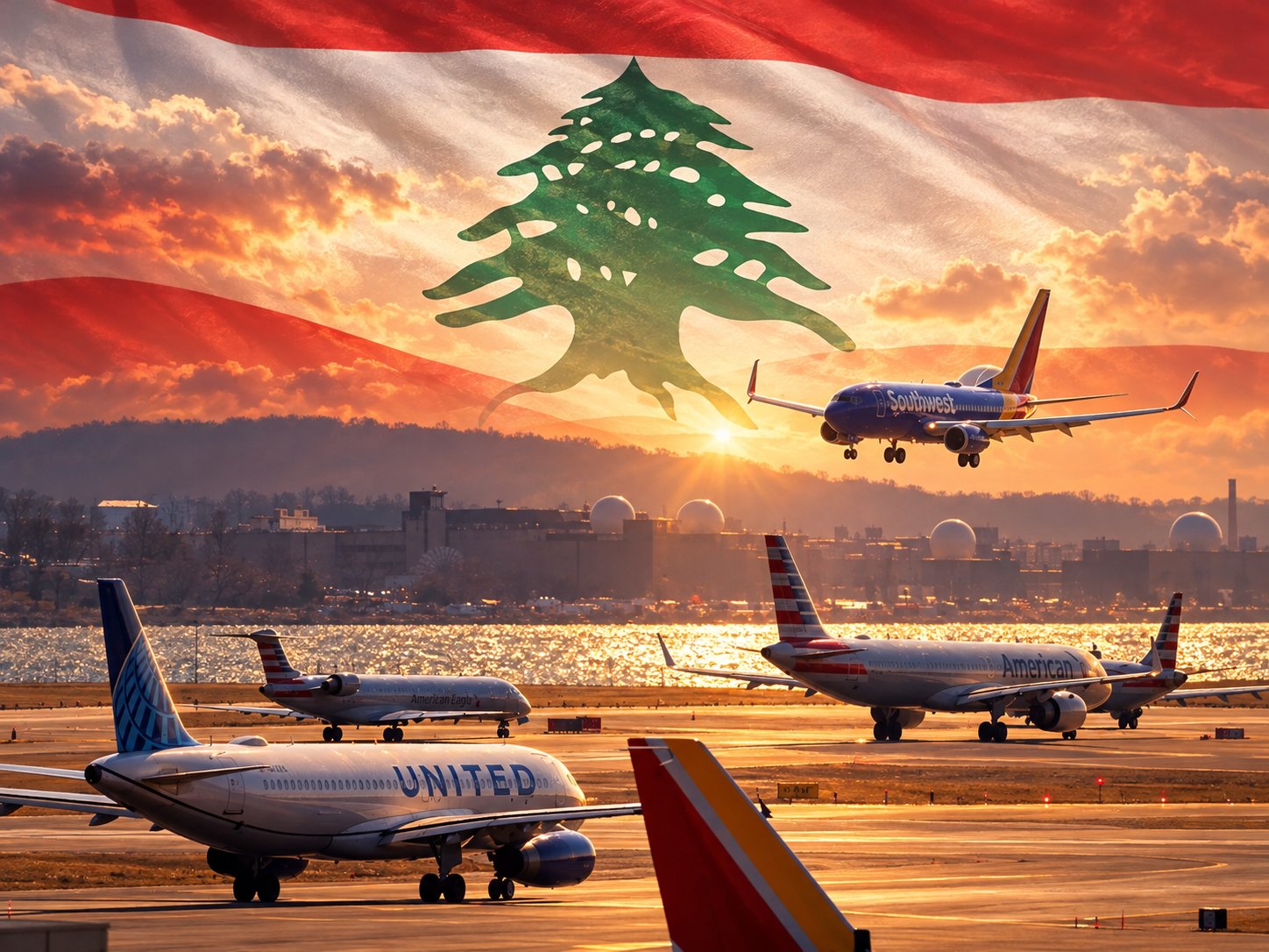 Aircraft on an American airport apron at sunset with the Lebanese flag and cedar above them, illustrating direct flights between Lebanon and the United States.