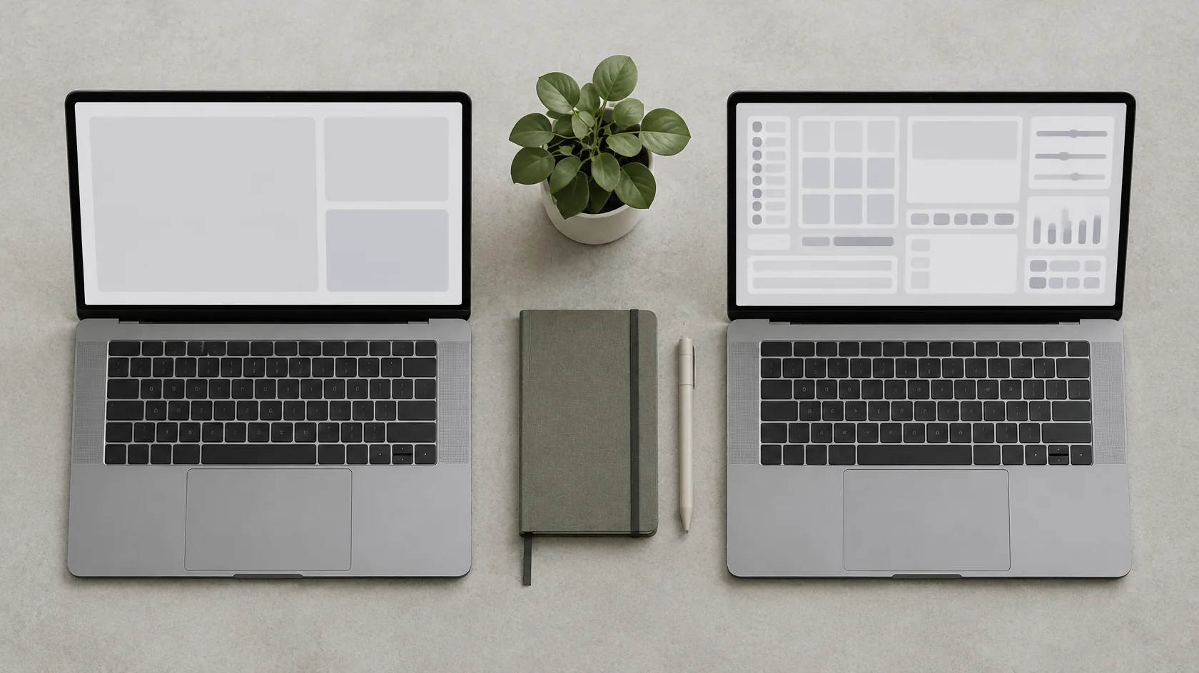 Two laptops side by side seen from above, the left screen showing a simple layout of a few large blocks and the right showing a dense arrangement of many small panels and controls.