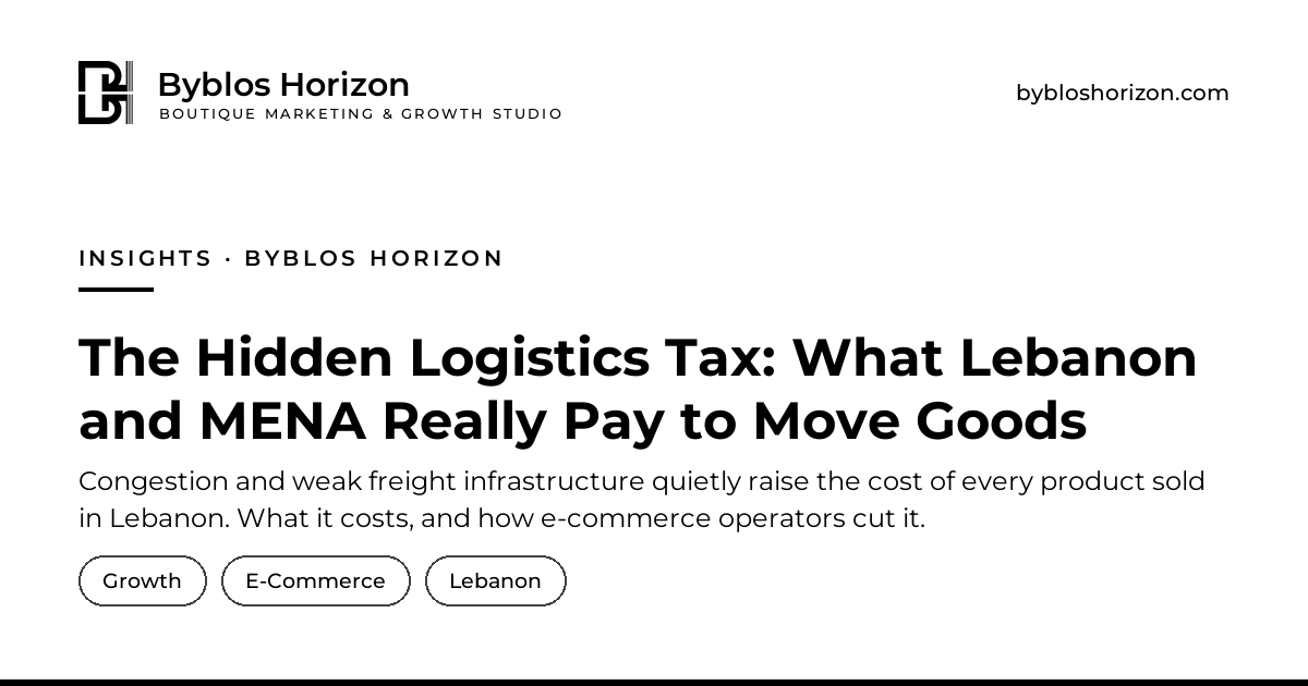The Hidden Logistics Tax with a minimal rail and logistics route graphic for Lebanon and MENA